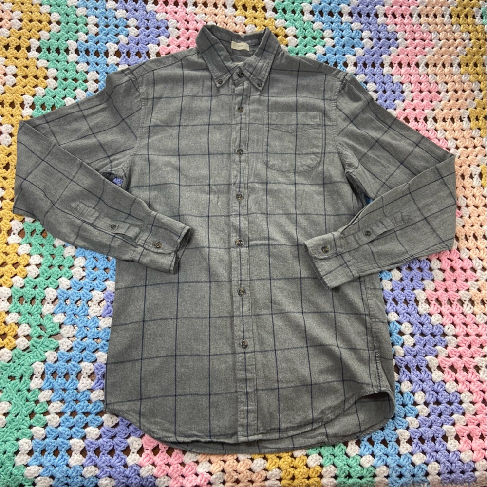 J. Crew Gray Window Pane Plaid Men's Brushed Twill Flannel Shirt Slim Small S